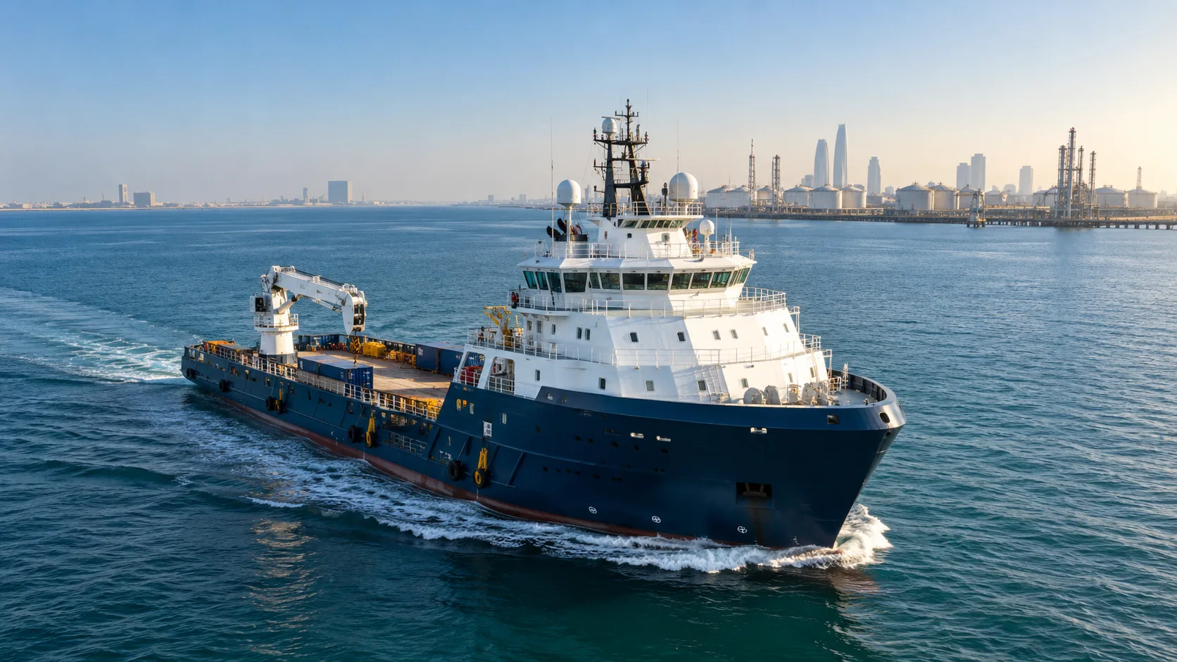 Offshore support vessel under way off the Abu Dhabi coastline