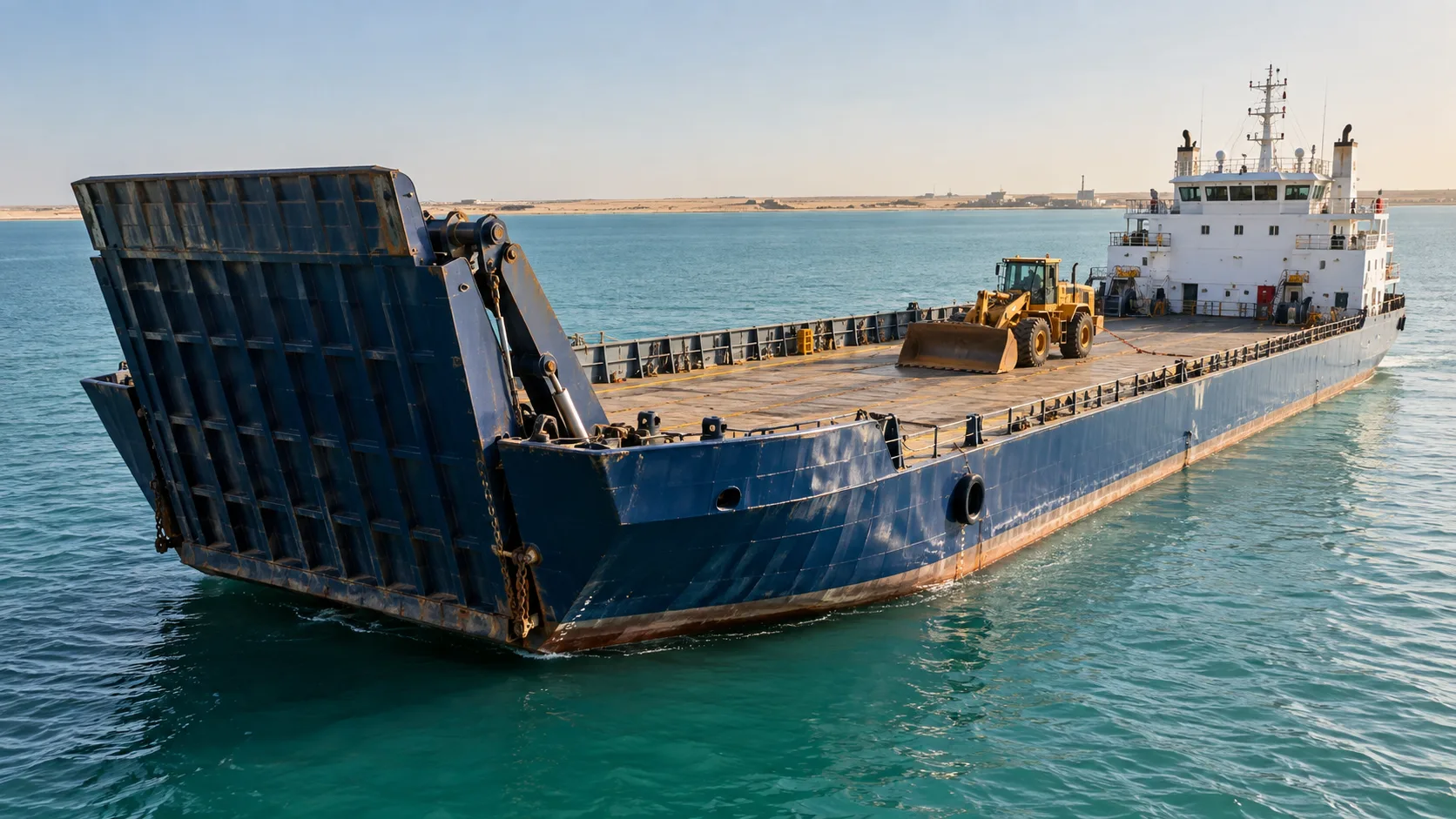 Landing craft with open bow ramp and a wheel loader on deck