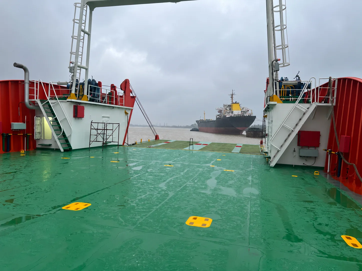 Cargo deck of a landing craft looking toward the bow ramp